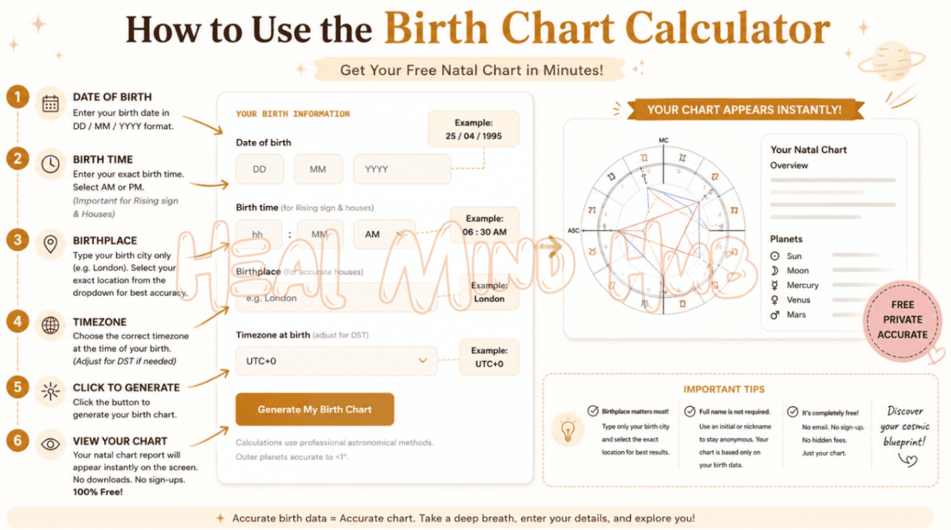 How to Use the Birth Chart Calculator — step-by-step guide: enter date of birth, birth time, birthplace, timezone, then generate and view your free natal chart